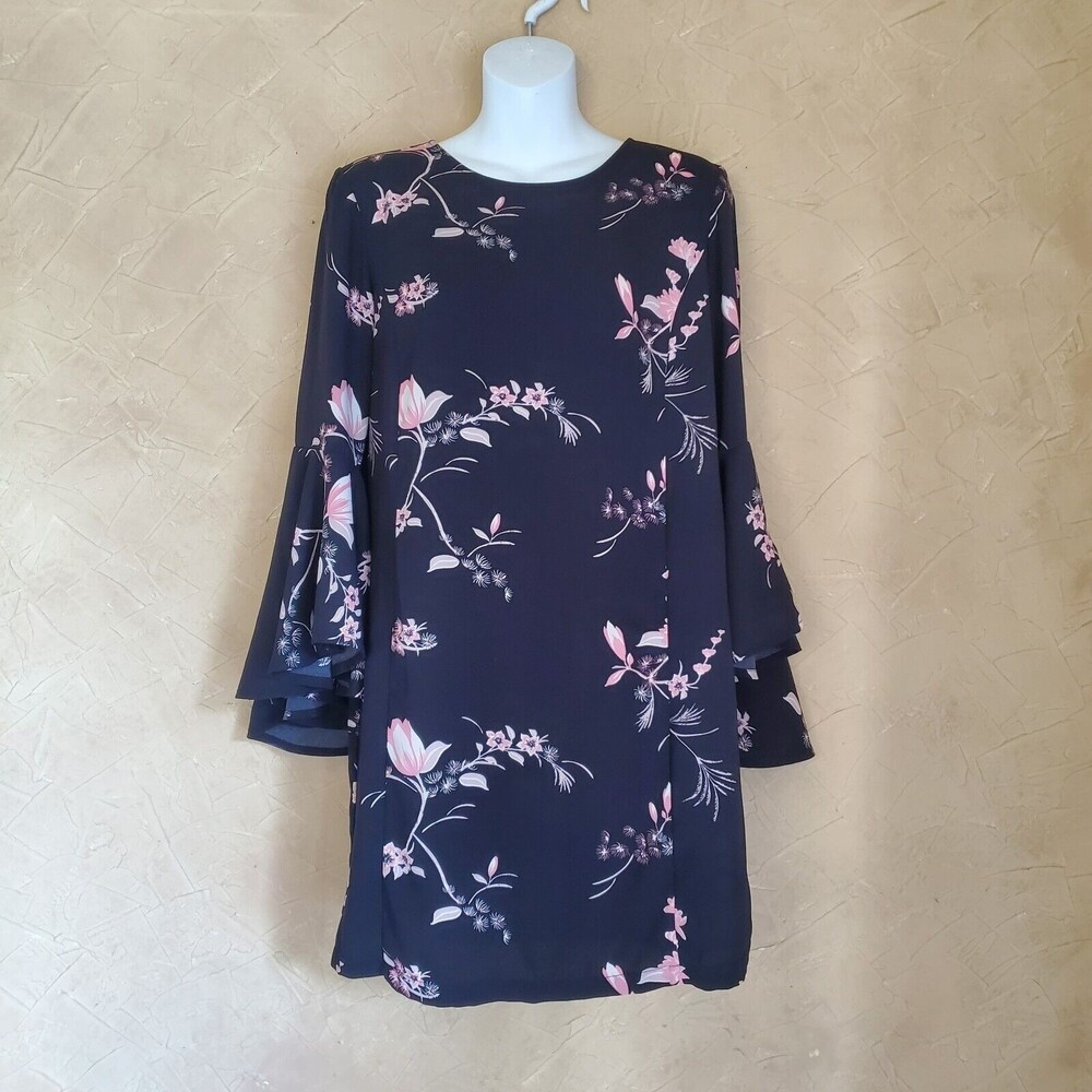 Leith Shift Dress Small Black Ruffle Floral Romantic Modest Boho Fairy